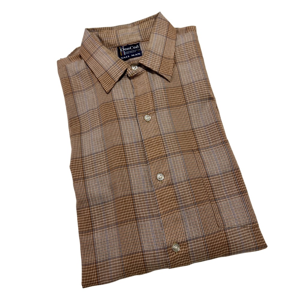 Dee Cee Button Up Shirt Mens Large Brown Plaid Vintage‎ Tall Man Long Sleeve E05
